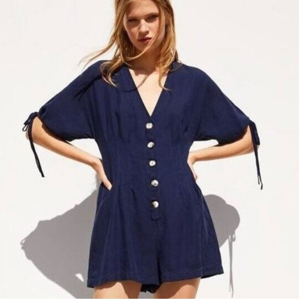 Zara Navy Blue Linen Blend Romper Medium